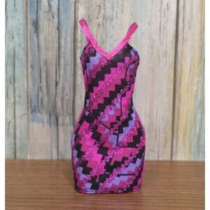 Barbie Doll Clothes Dress Pink Purple Black Zigzag Geometric Glitter Strap